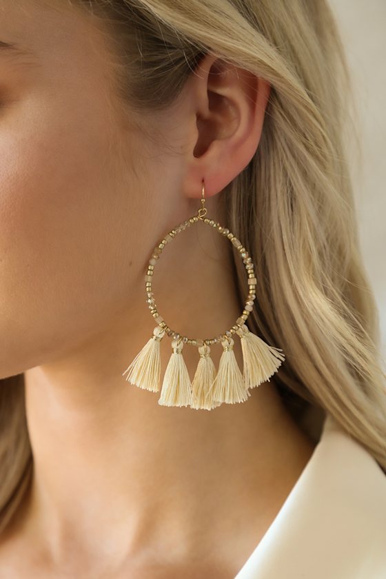 Fantastic Fortune Beige Beaded Tassel Earrings 1