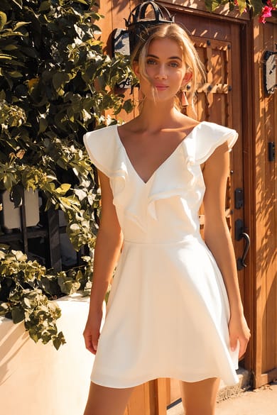 Blue and White Floral Dress - Skater Mini Dress - Faux Wrap Dress - Lulus