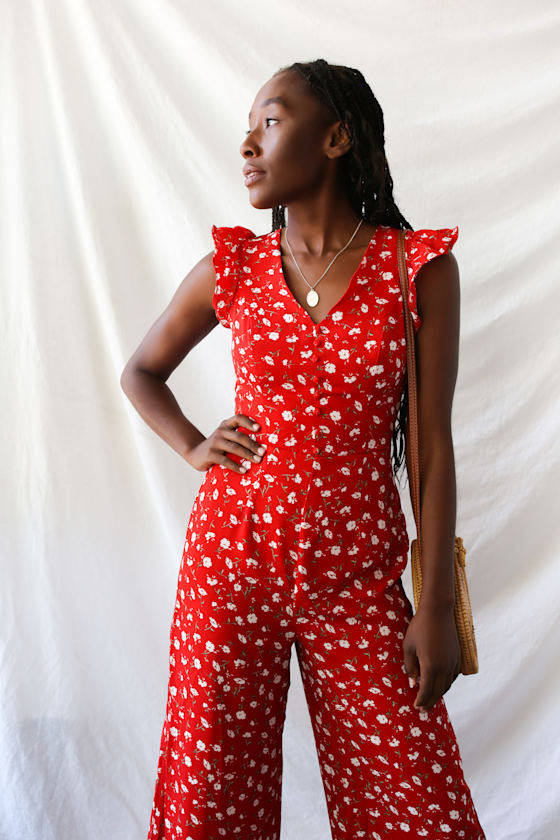 Floreal Love Red Floral Print Ruffled Culotte Jumpsuit 1