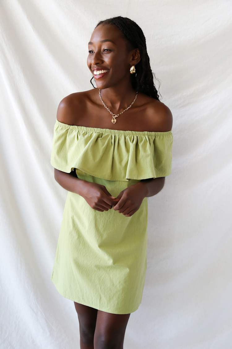 Livin' Large Pistachio Green Off-the-Shoulder Shift Dress