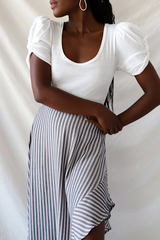 Free People Ava White Bodysuit Short Puff Sleeve Bodysuit Lulus