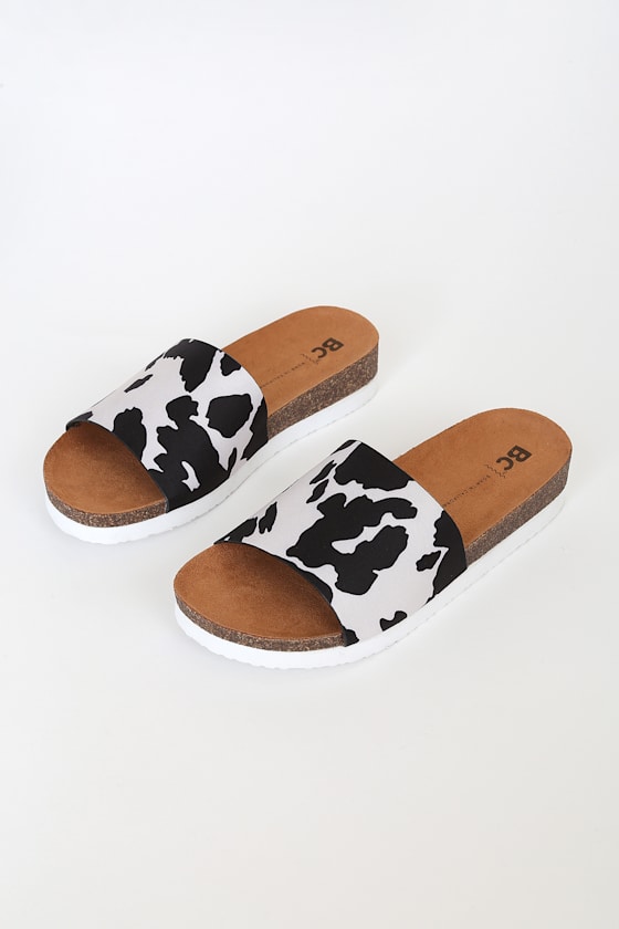 BC Footwear Get Going - Cow Print Slide Sandals - Wedge Sandals - Lulus