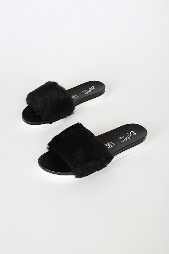 Beyond Reason Black and White Faux Fur Slide Sandals 3