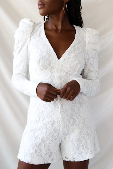 Pretty White Lace Romper Lace Long Sleeve Romper Playsuit Lulus