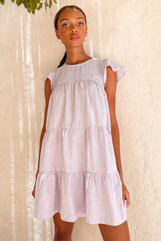 Picnic Perfect Lavender Gingham Tiered Babydoll Dress 3