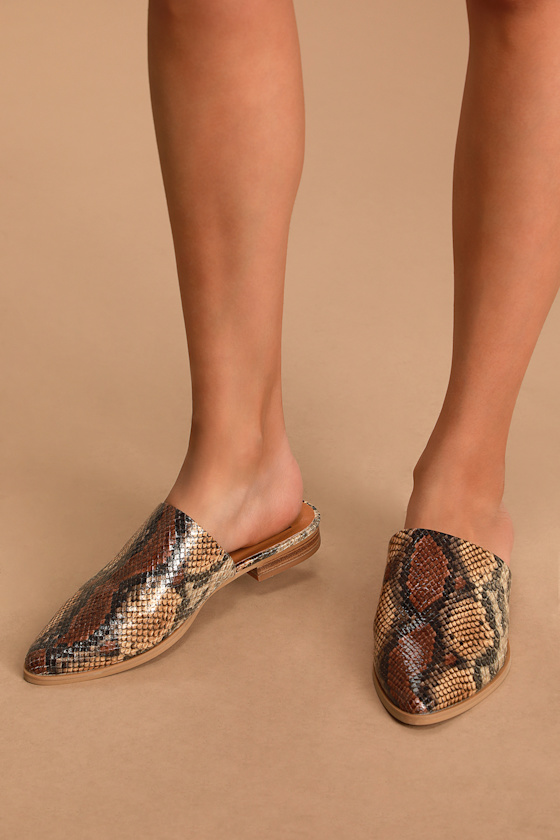 Itzel Tan Multi Snake Embossed Pointed-Toe Mules 1