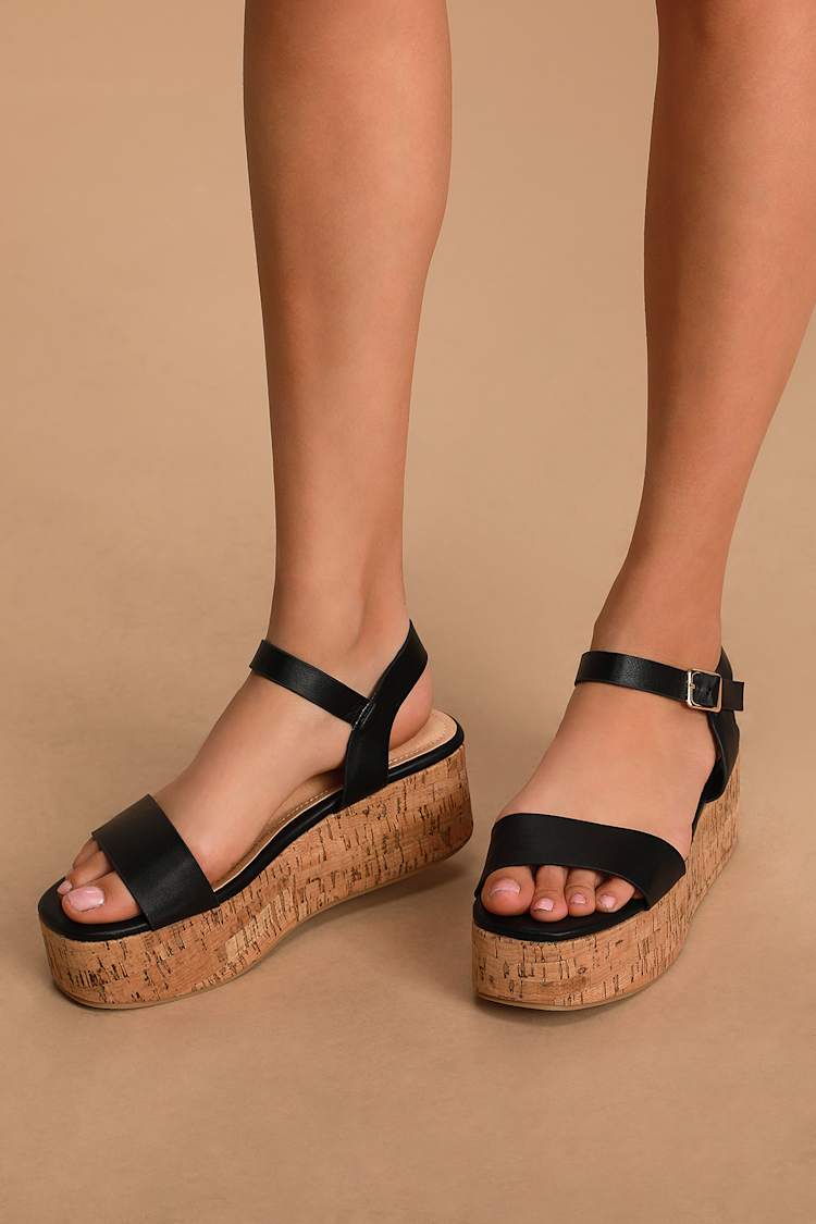 Black Strappy Cork Wedges