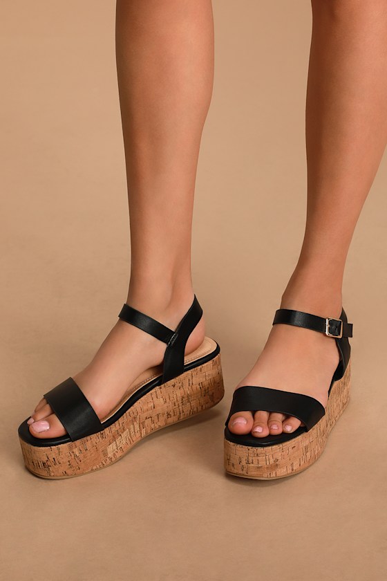 Cute Black Cork Wedges Cork Wedge Sandals Black Wedges Lulus