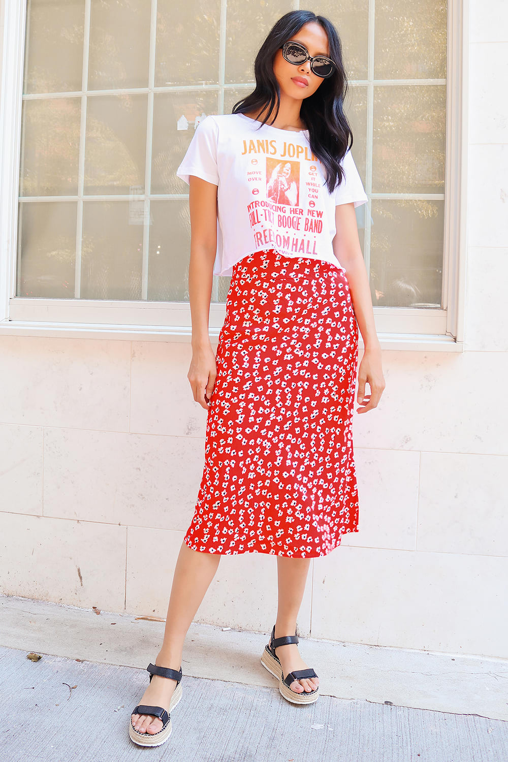 Fresh to Free Red Floral Print Midi Skirt