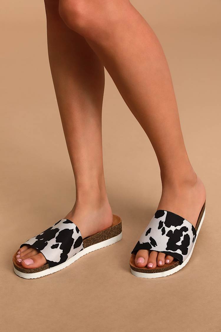 sandals footwear on Bc Footwear Get Going Cow Print Slide Sandals Wedge Sandals Lulus