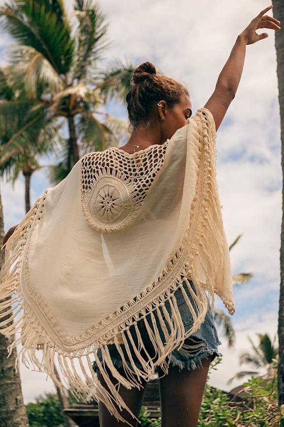 Forever Free Spirited Cream Crochet Fringe Shawl 1