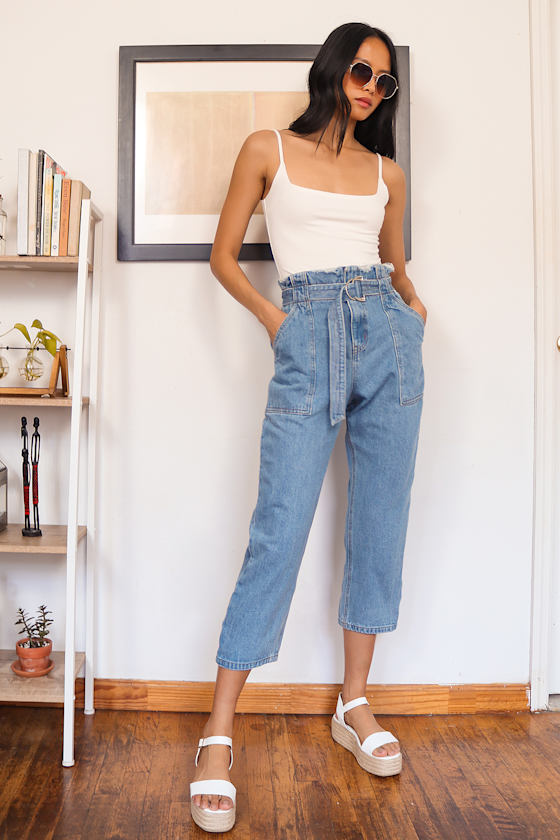 Always Classic Medium Wash Belted Paper Bag Waist Cropped Jeans 5