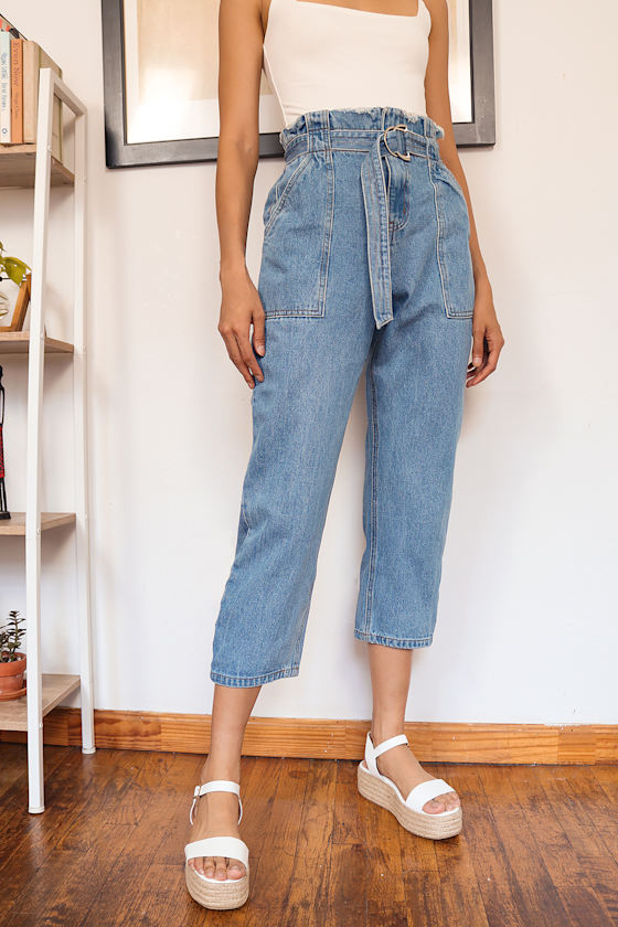 Always Classic Medium Wash Belted Paper Bag Waist Cropped Jeans 1