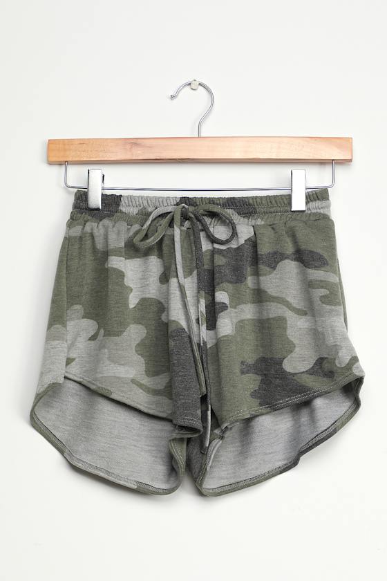Green Camo Print Shorts Comfy Lounge Shorts Drawstring Shorts