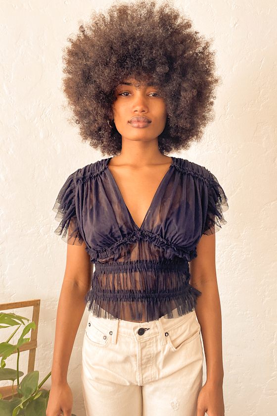 Free People Making Me Smile - Black Mesh Top - Ruffled Mesh Top