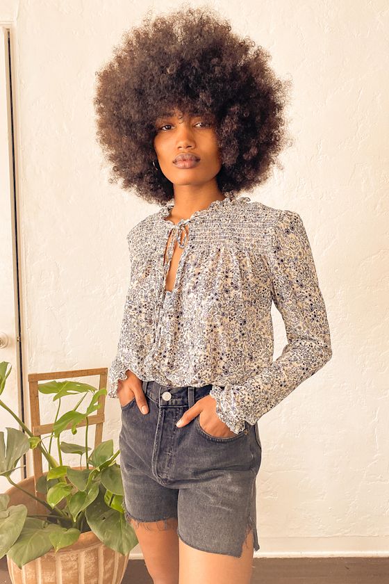 Lela Ivory Floral Print Long Sleeve Button-Up Top 2