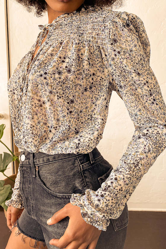 Lela Ivory Floral Print Long Sleeve Button-Up Top 5