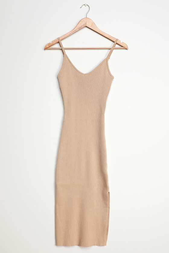 Cool Tan Dress - Ribbed Knit Dress - Bodycon Midi Dress