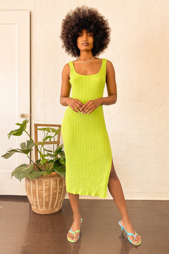 Olson Lime Green Ribbed Bodycon Midi Dress 4