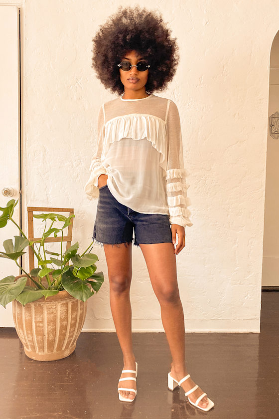 Floating on Air Ivory Sheer Mesh Balloon Sleeve Top 4