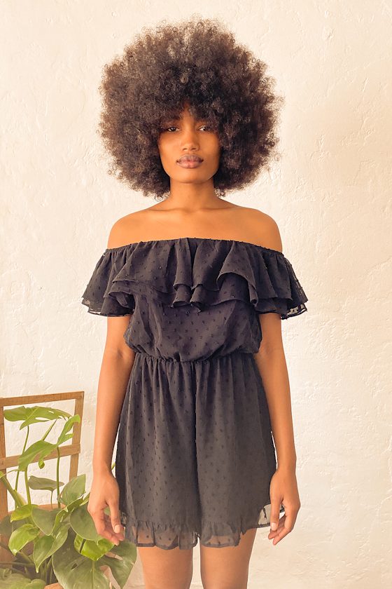 Black Swiss Dot Romper - Flounce Romper - Black Ruffled Romper - Lulus