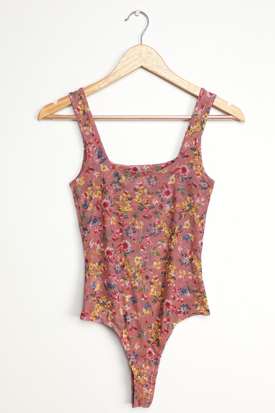 Pink Floral Print Bodysuit - Cute Mesh Bodysuit - Sheer Bodysuit