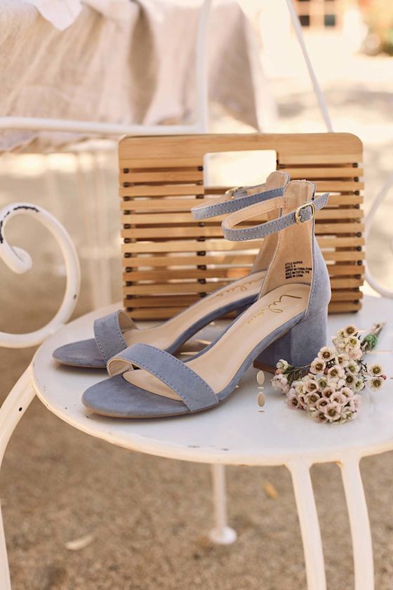 harper blue suede ankle strap heels