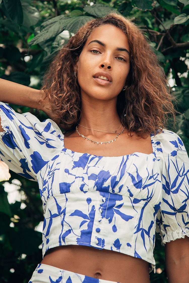 X Charlie Holiday - Blue Floral - Puff Sleeve Top