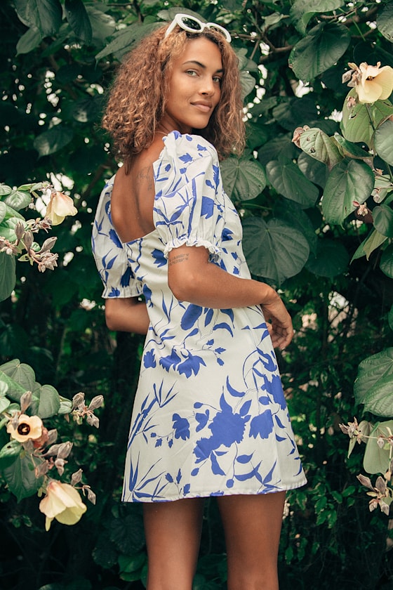 Celeste Blue and White Floral Print Puff Sleeve Mini Dress 7