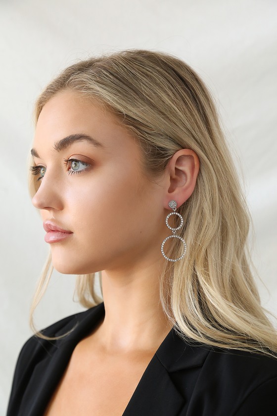 Lulus Glam Girl Silver Rhinestone Circle Earrings