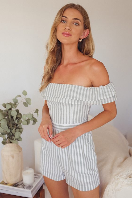 Nautical You Mine Sage Green Striped Off-the-Shoulder Romper 3