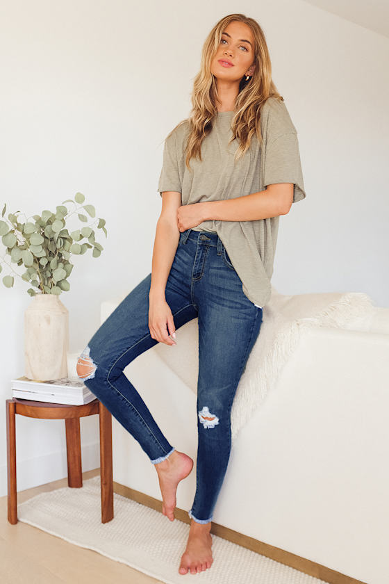Dark Wash Skinny Jeans - Distressed Skinny Jeans - Raw Hem Jeans - Lulus