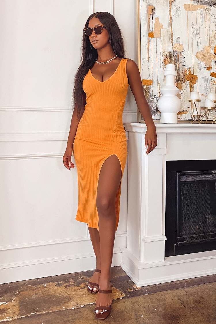 Golden Yellow Dress - Ribbed Midi Dress - Sexy Bodycon Dress - Lulus