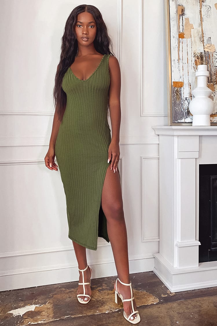 Above the Curve Olive Green Ribbed Bodycon Midi Dress