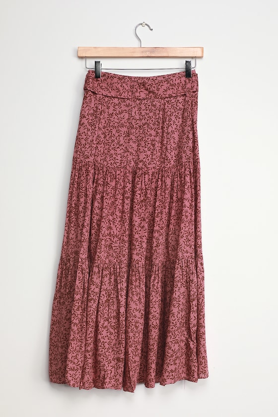 Cute Leaf Print Skirt - Mauve Pink Maxi Skirt - Tiered Maxi Skirt