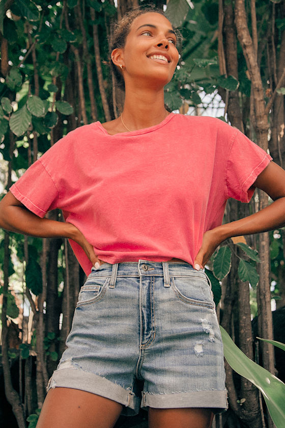 Medium Wash Shorts - High-Waisted Shorts - Cutoff Denim Shorts - Lulus