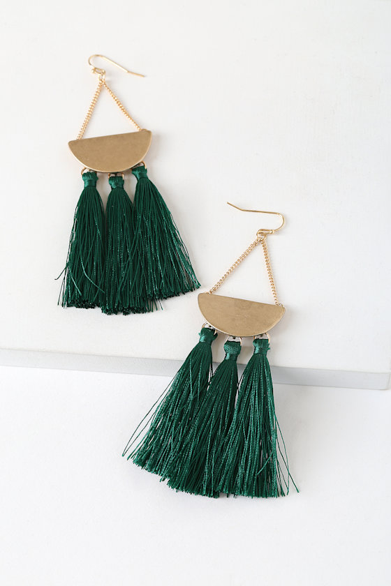 Arriba Emerald Green Tassel Earrings 3