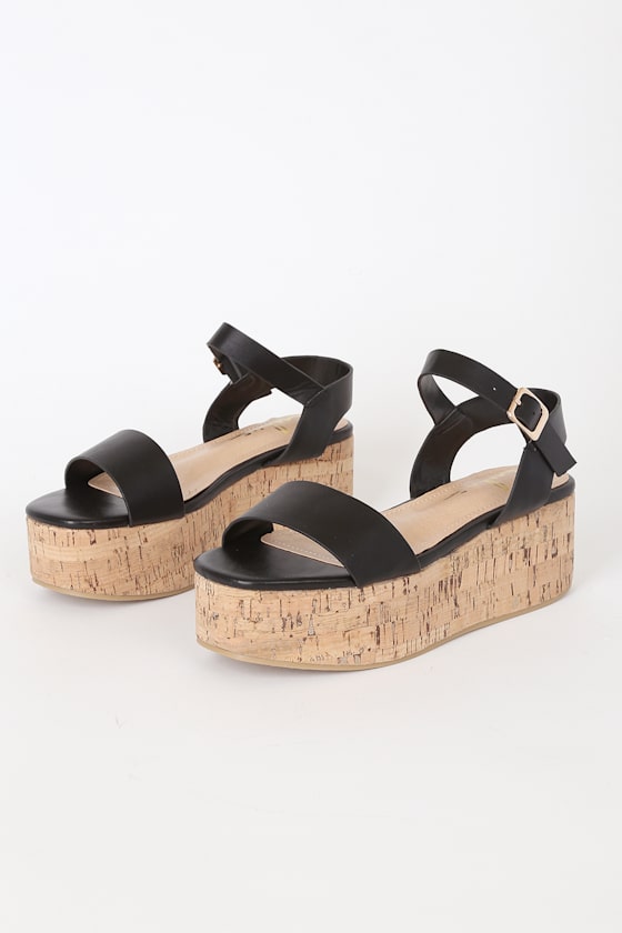 Grecia Black Cork Wedge Sandals 2