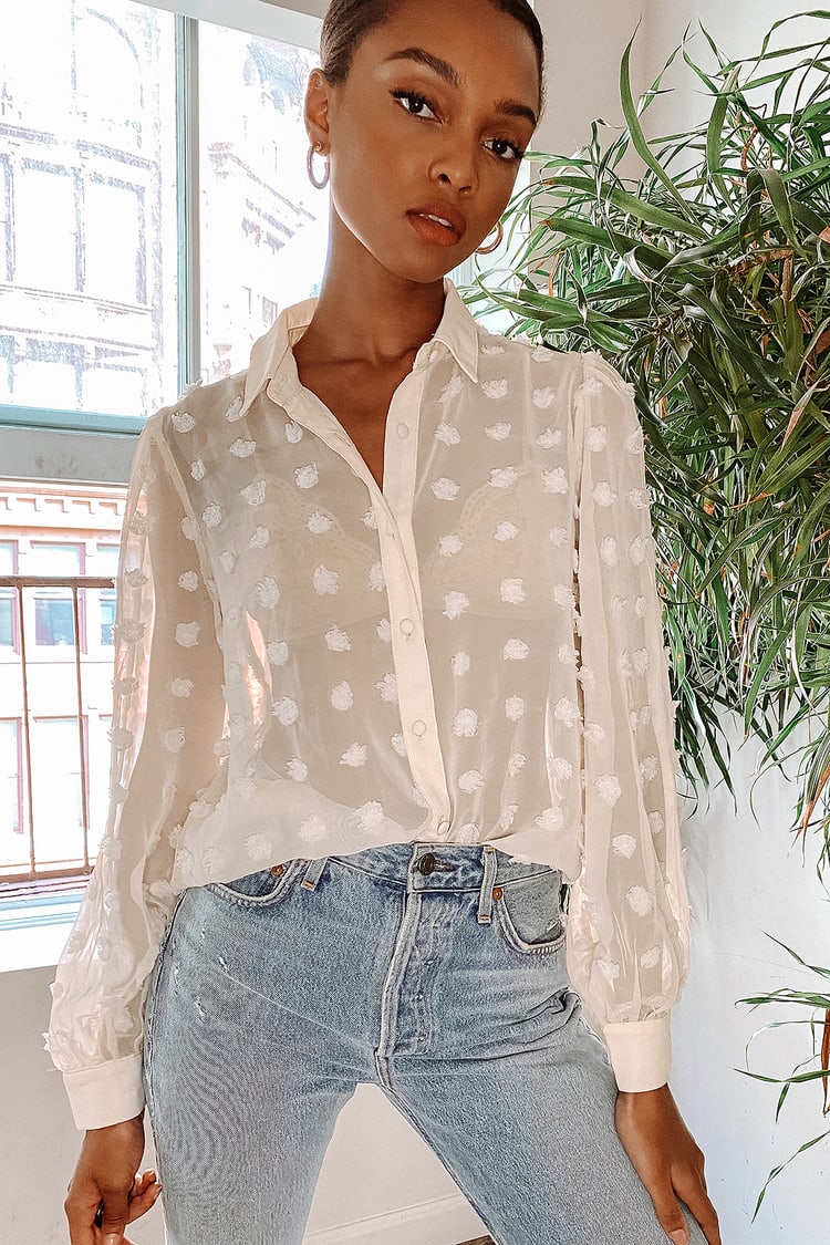 Chic Sheer Cream Top - Button-Up Blouse - Dotted Long Sleeve Top - Lulus
