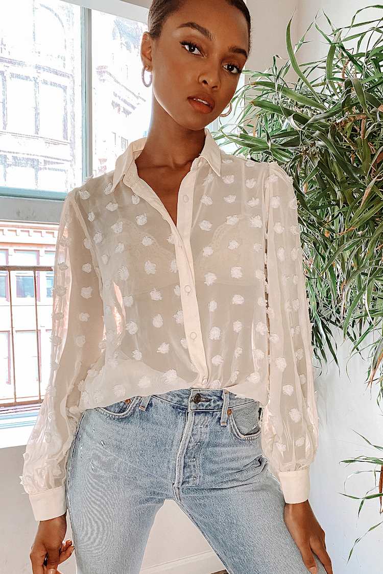 Chic Sheer Cream Top - Button-Up Blouse - Dotted Long Sleeve Top - Lulus