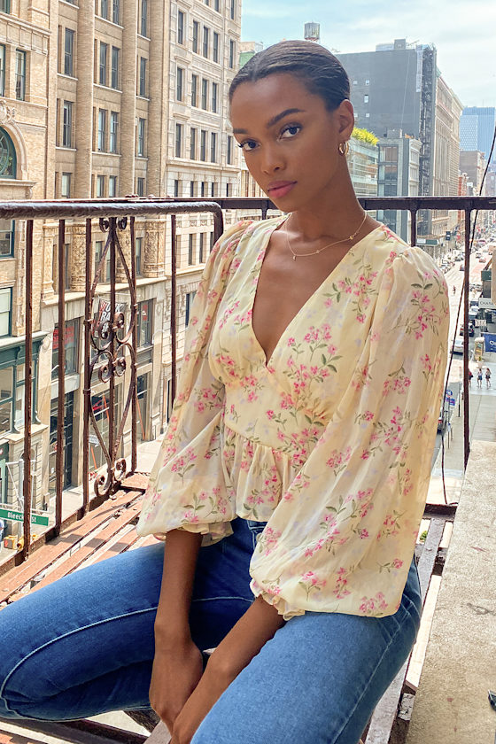 Darling Touch Cream Floral Print Long Sleeve Peplum Top 1