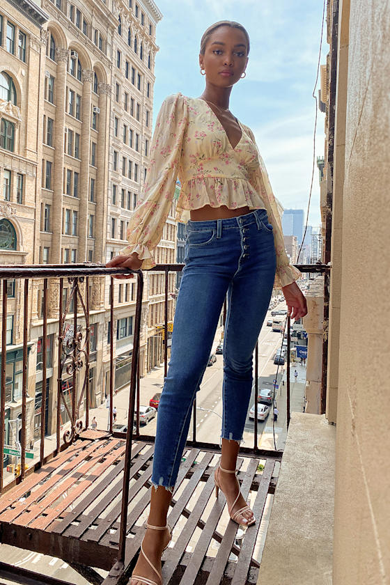 Cream Floral Print Top - Chic Peplum Blouse - Balloon Sleeve Top