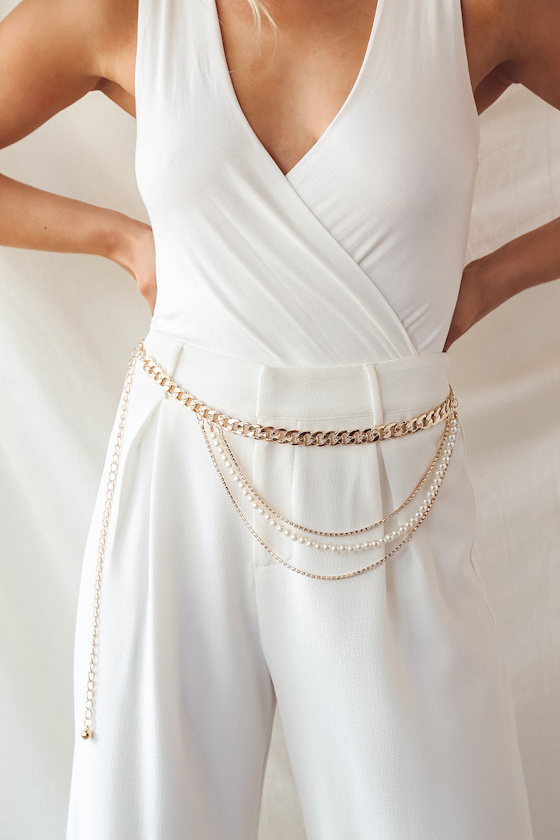 Glam Gold Chain Belt Pearl Chain Belt Rhinestone Chain Belt Lulus