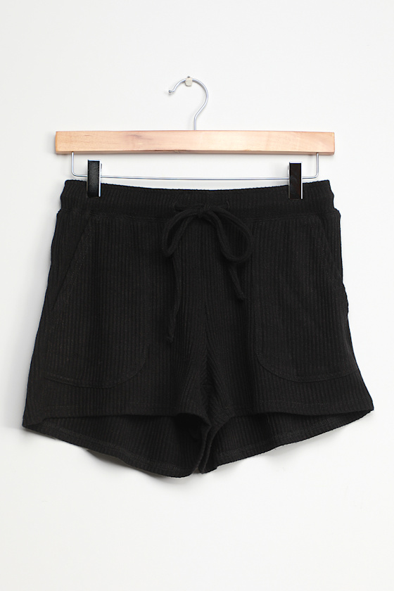 Living Leisurely Black Ribbed Knit Drawstring Shorts 1