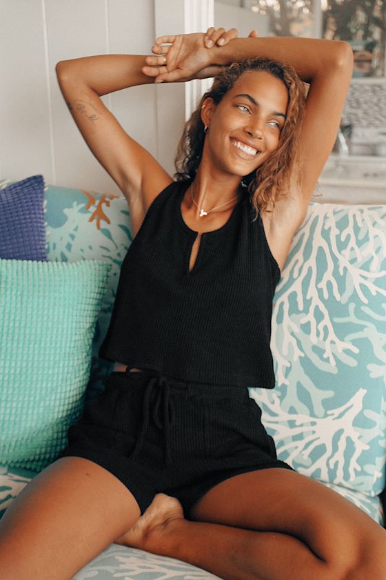 Black Lounge Shorts - Ribbed Knit Shorts - Drawstring Knit Shorts
