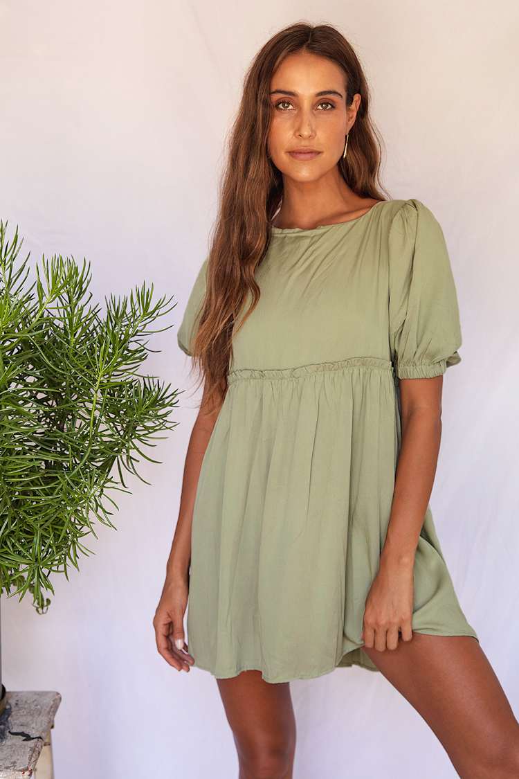 Pinch Babydoll Puff Sleeve Mini - Sage Green Dress - Mini Dress - Lulus