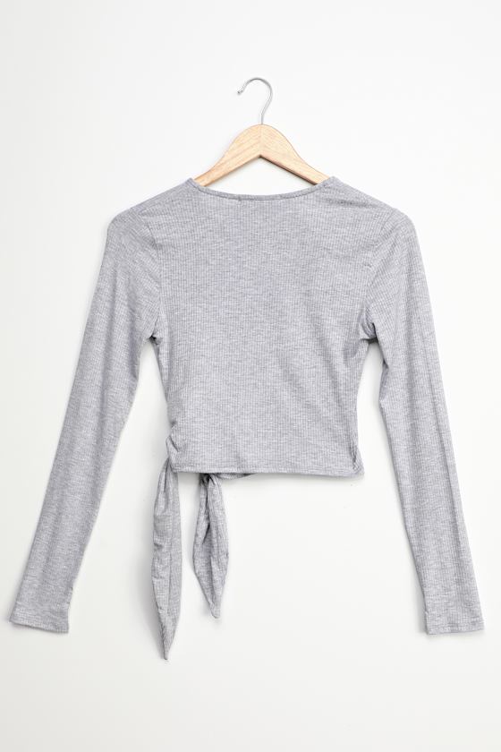 Trendy Heather Grey Top - Long Sleeve Wrap Top - Ribbed Crop Top - Lulus