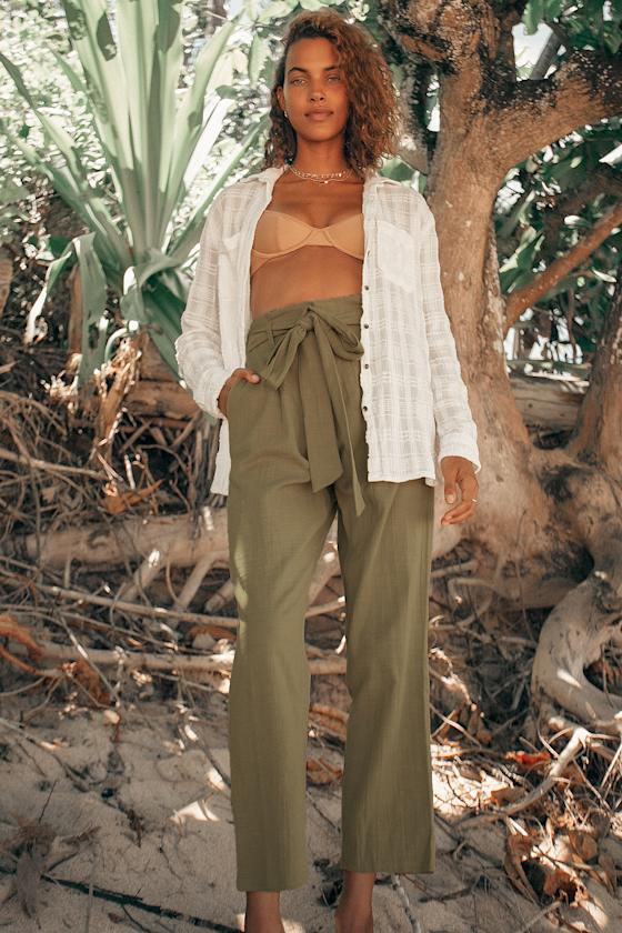 Sand Stand Olive Green Belted Paperbag Waist Pants 5