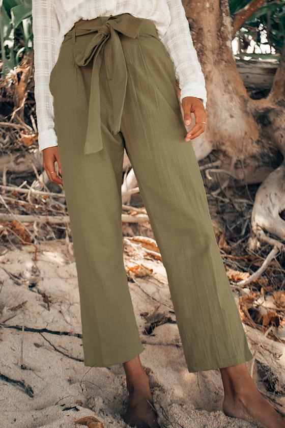 Sand Stand Olive Green Belted Paperbag Waist Pants 9