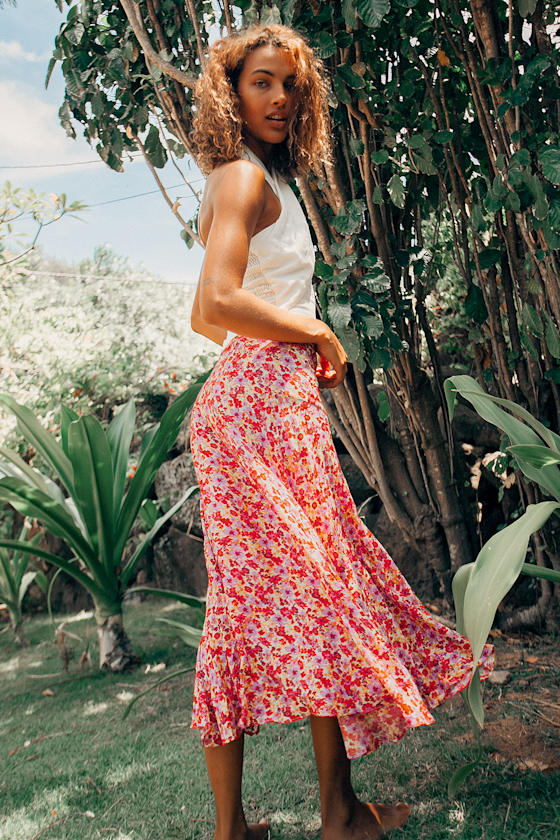 LUSH Multi Floral Print Skirt - Cute Midi Skirt - Side Slit Skirt